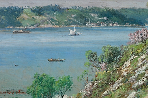 Bosphorus from the Hills of Çubuklu, AH 1342 (AD 1926), 31.7x52.2 cm, oil paint on canvas, Lucien Arkas Collection